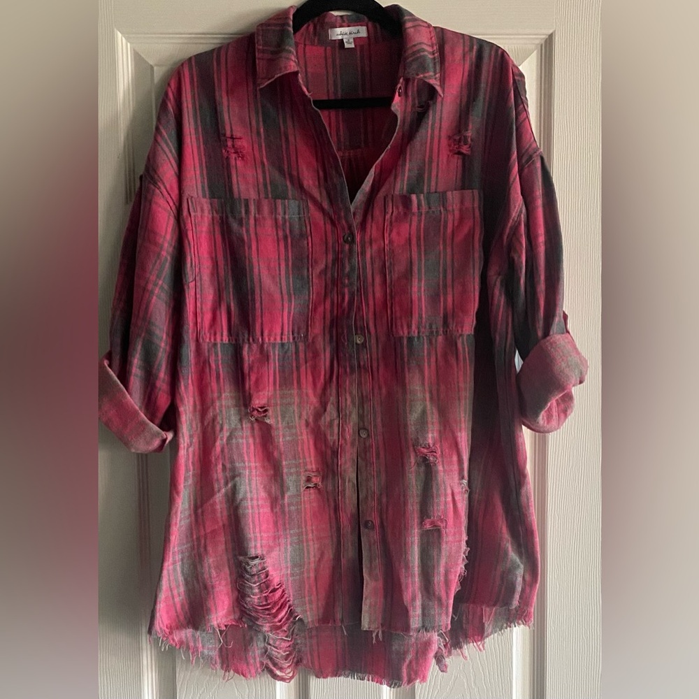 White Birch ombré button down distressed, oversized plaid shirt.